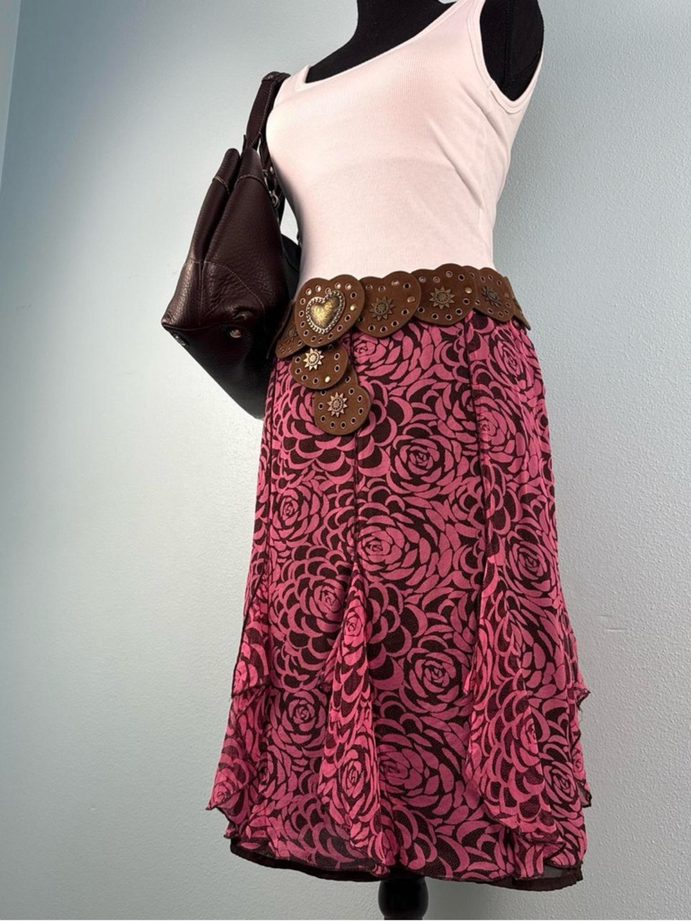 Y2K Vintage 100% Silk Pink and Brown Floral Ruffle Midi Skirt Women’s Size 8